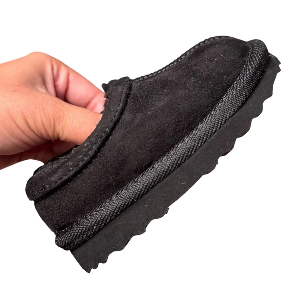 Kids Black Suede Like Slippers Size 5 Faux Fur Lined‎ Slip On House Shoes SU
